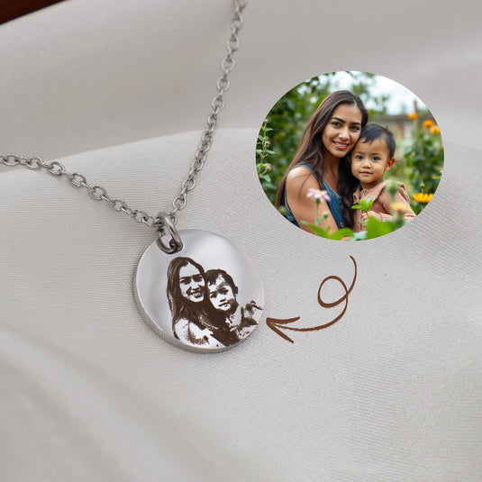 Personalized Laser Engraved Photo Circle Necklace - Stainless Steel Pendant